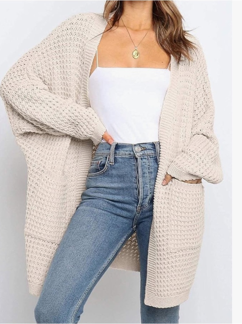 Women's Autumn Loose Elegant Waffle Knitted Beige Open Cardigan Sweater